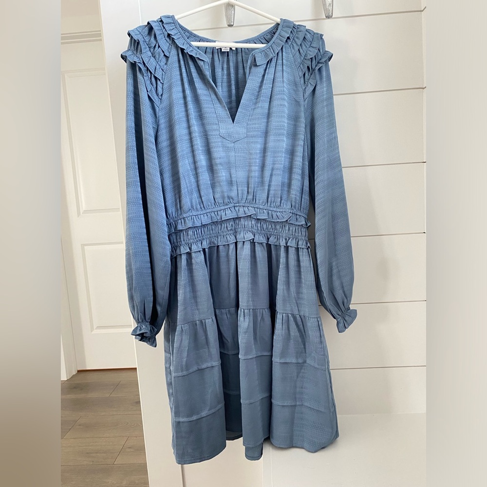 Current Air Ruffle Detail Mini Dress in Dusty Blue. Size M.
